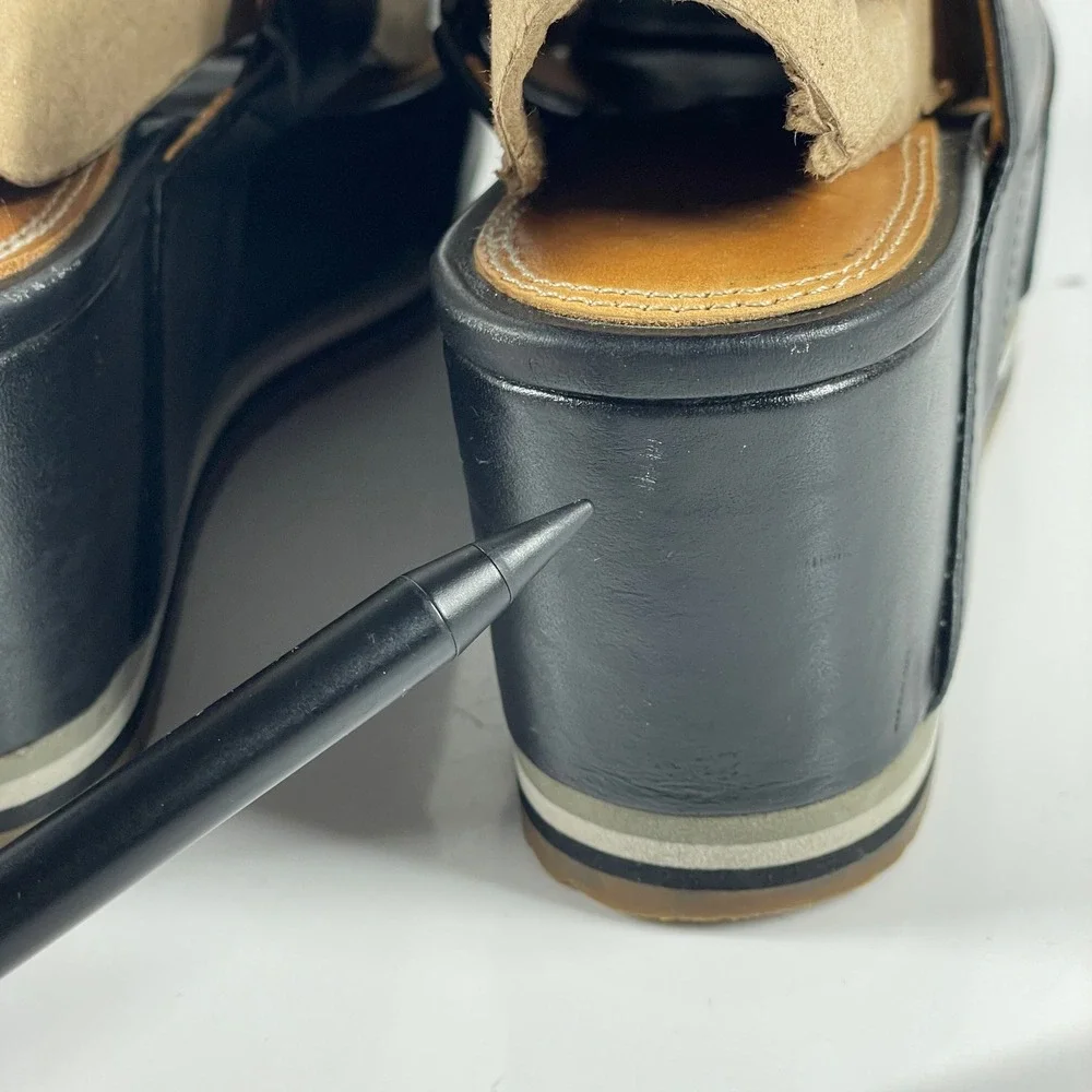 sz 7.5 Bill Blass Ursula Black Leather Platform Wedge Sandals Ankle Strap